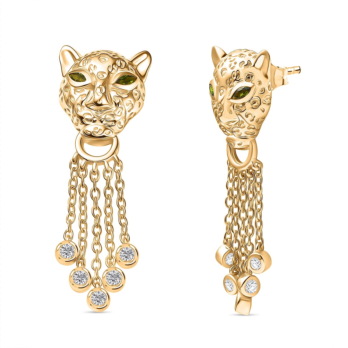 Designer Inspired - EverTrue - Natural Chrome Diopside & White Zircon Panther Earring with Push Back in Yellow Gold Tone 1.30 Ct.
