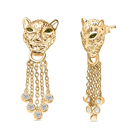 Designer Inspired - EverTrue - Natural Chrome Diopside & White Zircon Panther Earring with Push Back in Yellow Gold Tone 1.30 Ct. Designer Inspired - EverTrue - Natural Chrome Diopside & White Zircon Panther Earring with Push Back in Yellow Gold Tone 1.30 Ct.