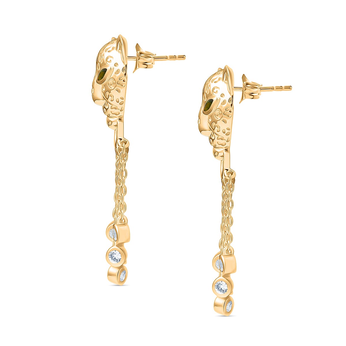 Designer Inspired - EverTrue - Natural Chrome Diopside & White Zircon Panther Earring with Push Back in Yellow Gold Tone 1.30 Ct.