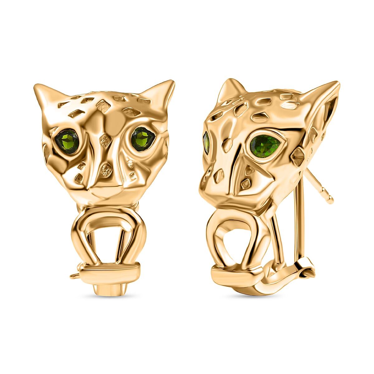 Designer Inspired - Panther Earring with Natural Chrome Diopside in Yellow Gold Plated