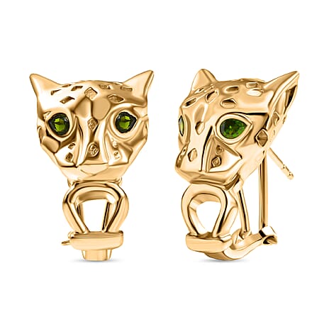 Designer Inspired - Panther Earring with Natural Chrome Diopside in Yellow Gold Plated