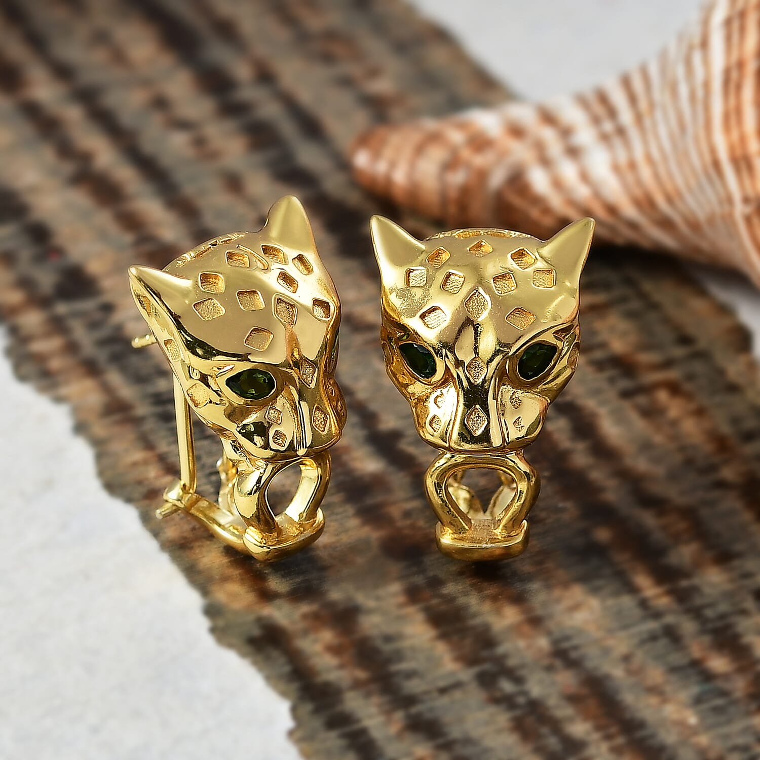 Designer Inspired - Panther Earring with Natural Chrome Diopside in Yellow Gold Plated