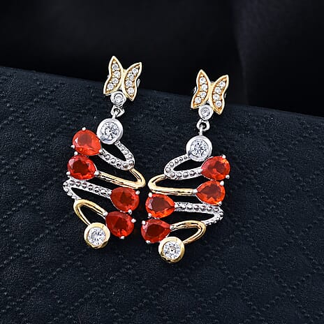 D'joy Fire Opal & White Zircon Earring with Push Back in Yellow Gold Plating & Rhodium Overlay Sterling Silver 2.76 Ct.