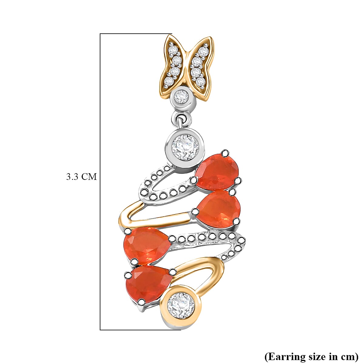 D'joy Fire Opal & White Zircon Earring with Push Back in Yellow Gold Plating & Rhodium Overlay Sterling Silver 2.76 Ct.