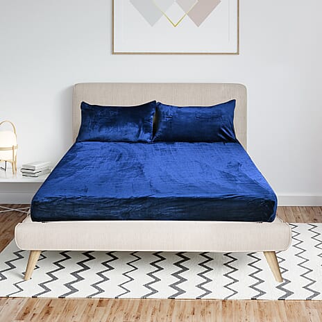 LIVMORE 3-Piece Teddy Flannel Bedding Set - inc. Fitted Sheet & 2 Pillowcases (Double) - Blue