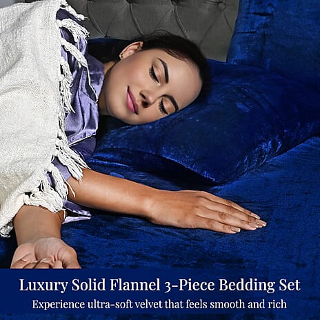 LIVMORE 3-Piece Teddy Flannel Bedding Set - inc. Fitted Sheet & 2 Pillowcases (Double) - Blue