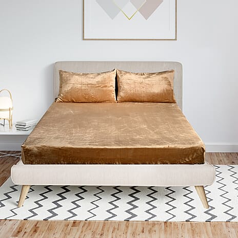 LIVMORE 3-Piece Teddy Flannel Bedding Set - inc. Fitted Sheet & 2 Pillowcases (Double) - Camel