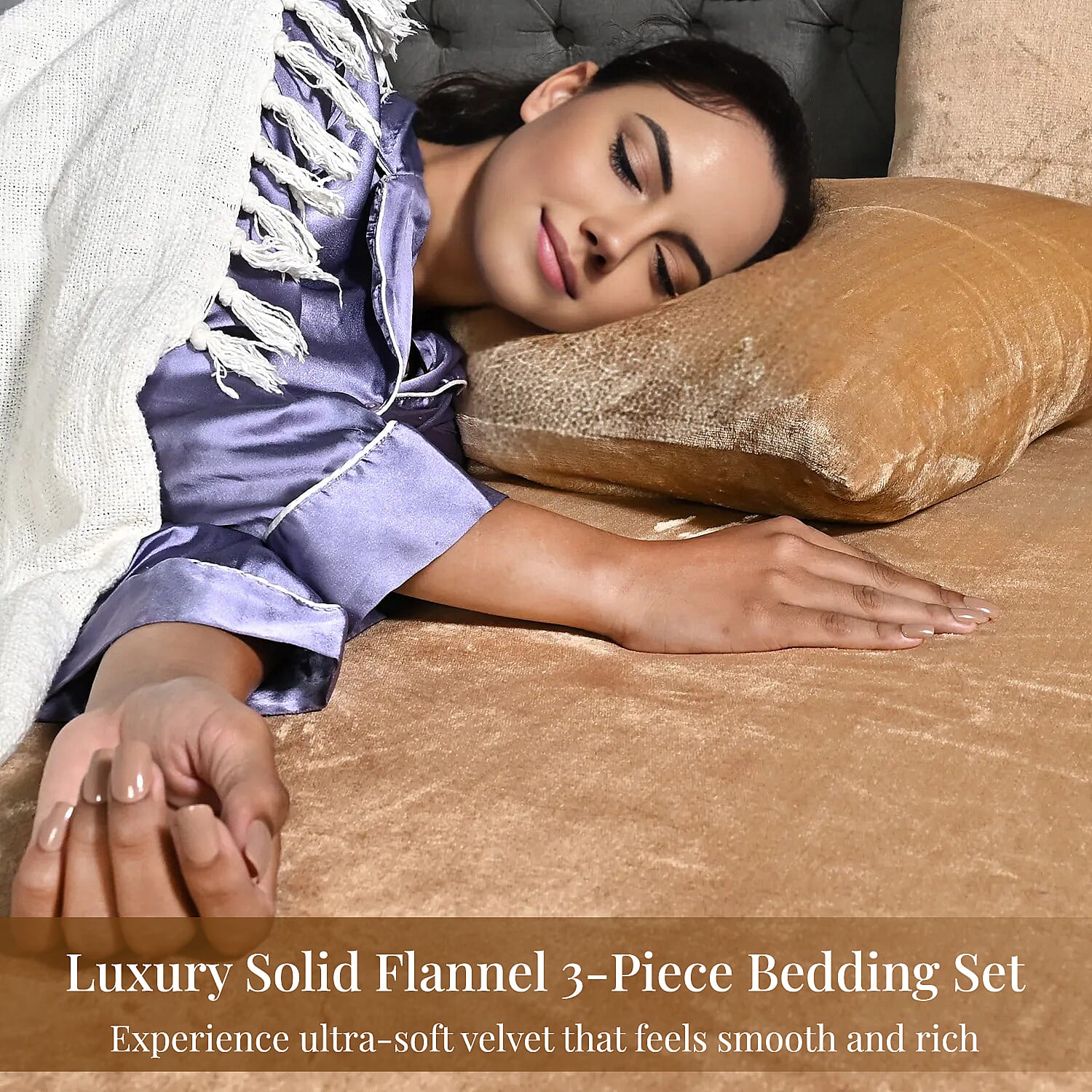 LIVMORE 3-Piece Teddy Flannel Bedding Set - inc. Fitted Sheet & 2 Pillowcases