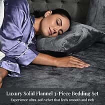 LIVMORE 3-Piece Teddy Flannel Bedding Set - inc. Fitted Sheet & 2 Pillowcases (Double) - Grey