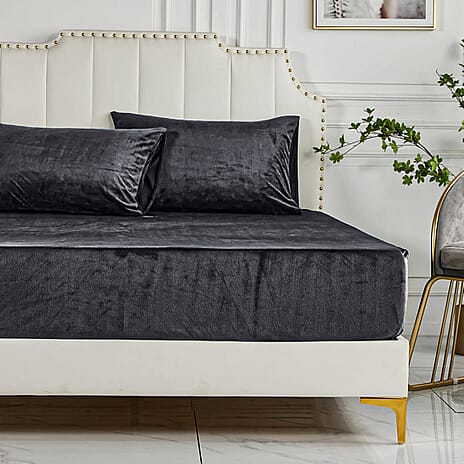 LIVMORE 3-Piece Teddy Flannel Bedding Set - inc. Fitted Sheet & 2 Pillowcases (Double) - Grey