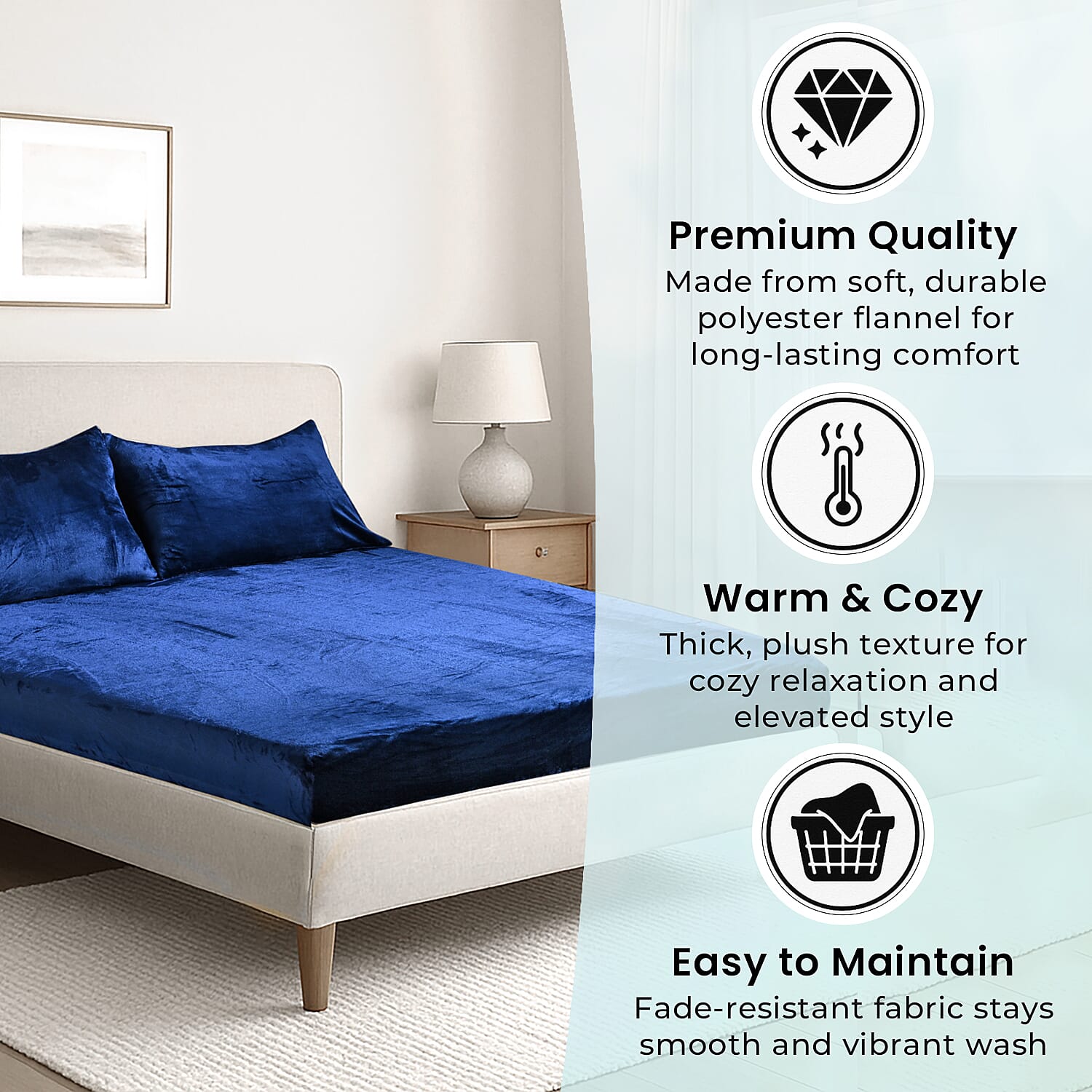 LIVMORE 3-Piece Teddy Flannel Bedding Set - inc. Fitted Sheet & 2 Pillowcases