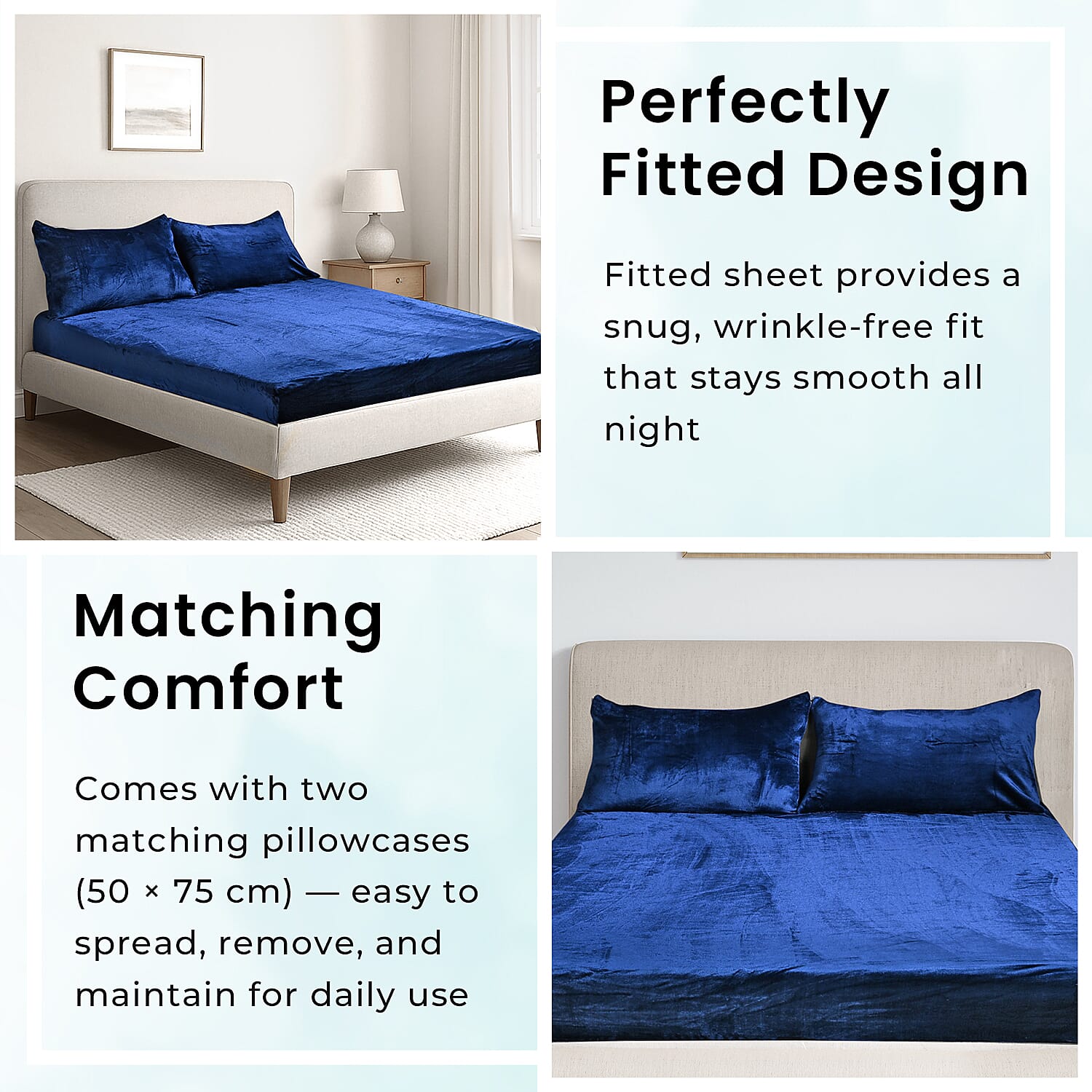 LIVMORE 3-Piece Teddy Flannel Bedding Set - inc. Fitted Sheet & 2 Pillowcases