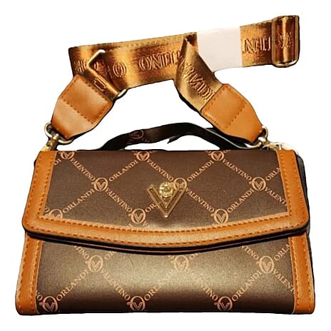 Valentino Orlandi Status Print Crossbody Bag with Top Handel and Conyac Trimming - Light Brown