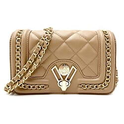 Valentino Orlandi Italian Designer Quilted Crossbody Bag with Gold-Tone Chain Strap - Taupe