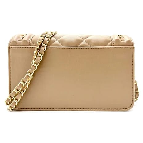 Valentino Orlandi Italian Designer Quilted Crossbody Bag with Gold-Tone Chain Strap - Taupe