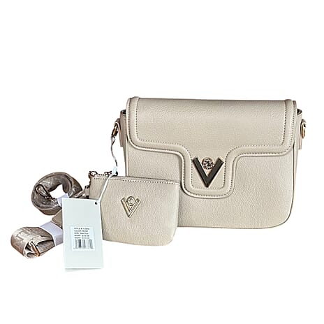 Valentino Orlandi Italian Designer Shoulder Bag with Matching Zipped Pouch - Bone