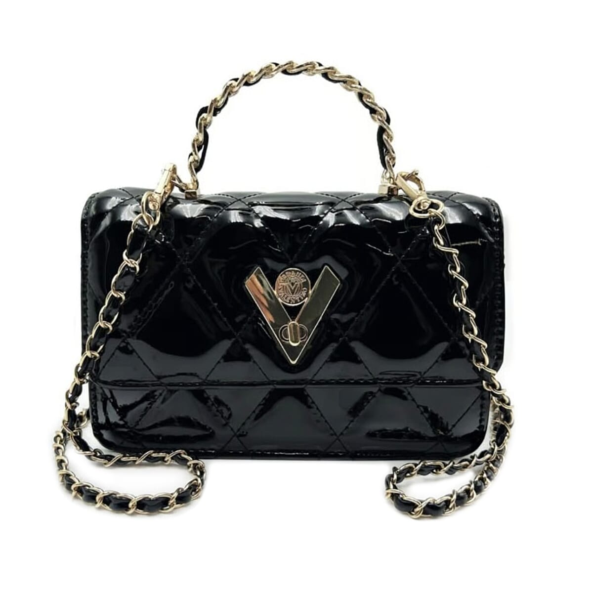 Valentino Orlandi Quilted Designer Handbag with Gold-Tone V-Lock - Black
