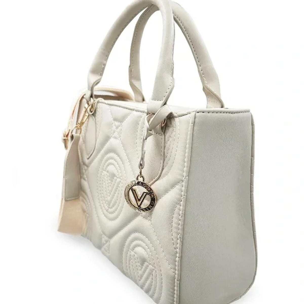 Valentino Orlandi Vegan Leather Designer Geometric Quilted Pattern Tote Bag - Bone