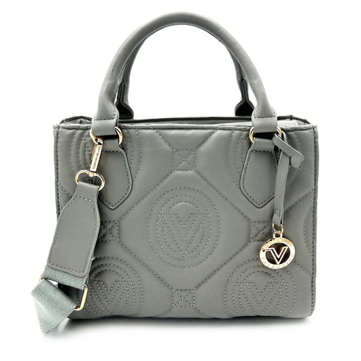 Valentino Orlandi Vegan Leather Designer Geometric Quilted Pattern Tote Bag - Light Grey