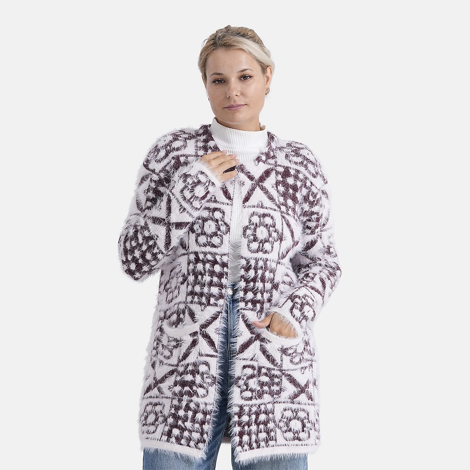 - MAISI Hoodless Coatigan (One Size, Fits UK 8-20) - Dark Plum - White