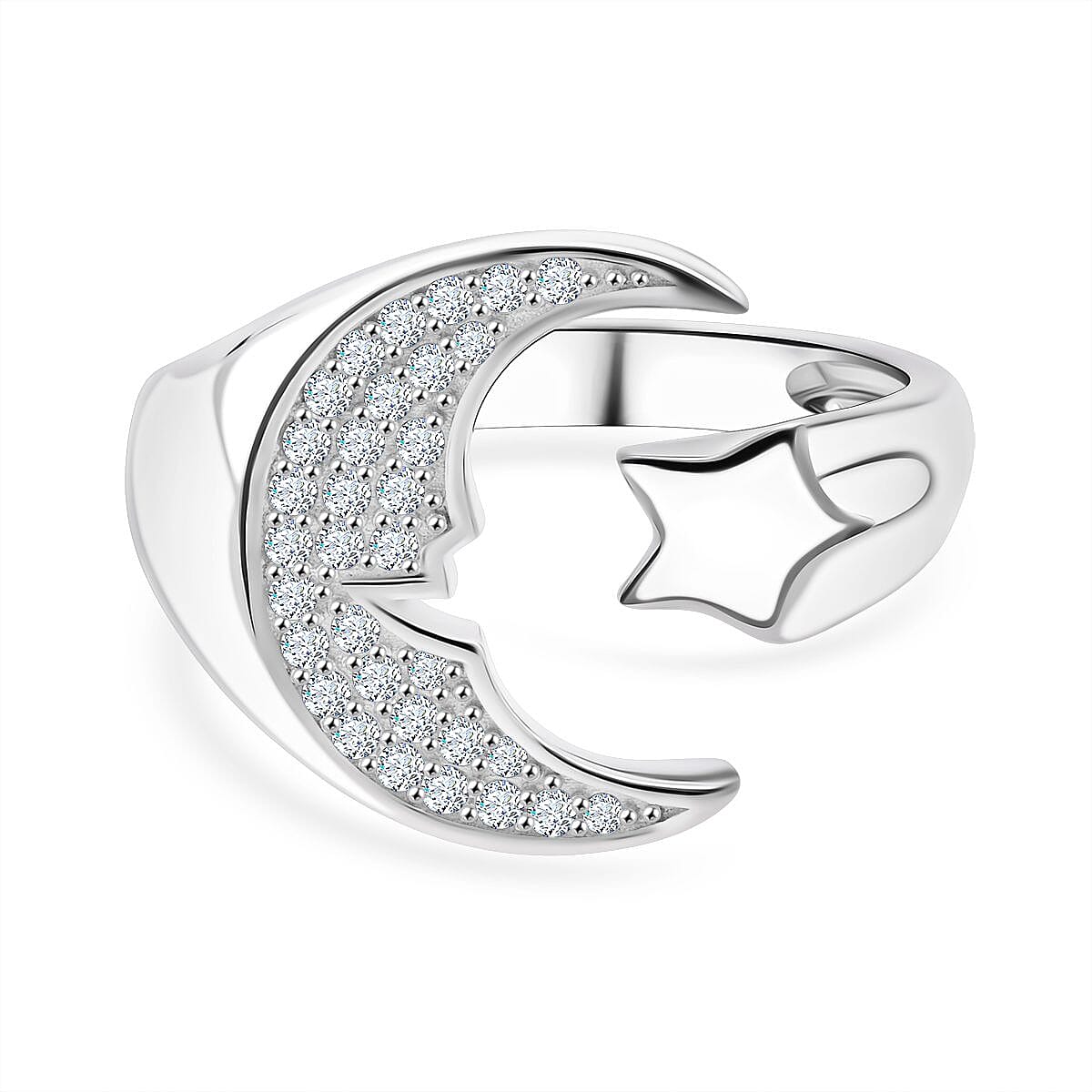 White Cubic Zirconia Adjustable Ring in Rhodium Overlay Sterling Silver