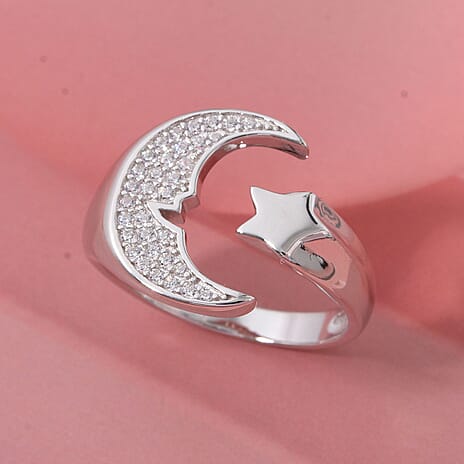 White Cubic Zirconia Adjustable Ring in Rhodium Overlay Sterling Silver