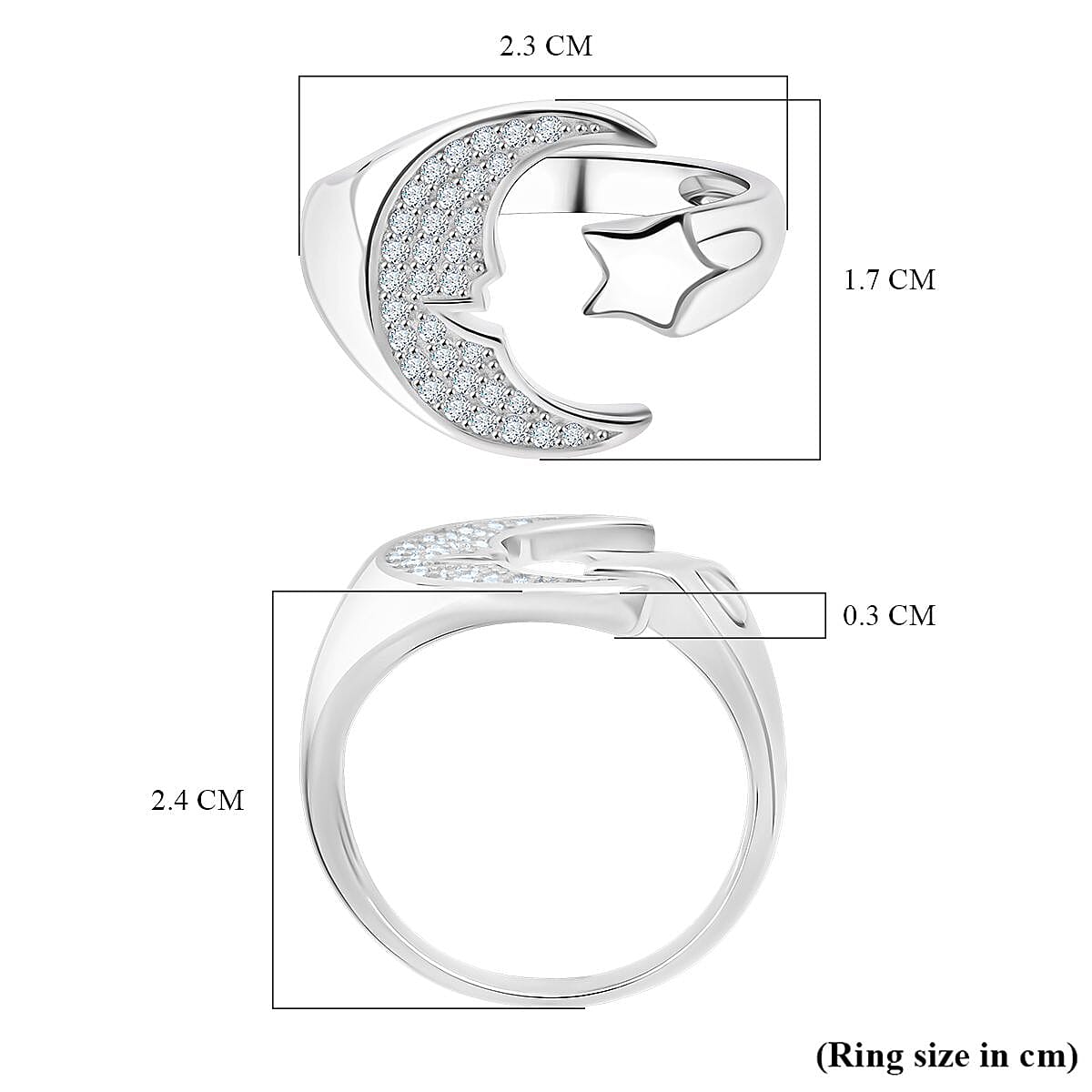 White Cubic Zirconia Adjustable Ring in Rhodium Overlay Sterling Silver