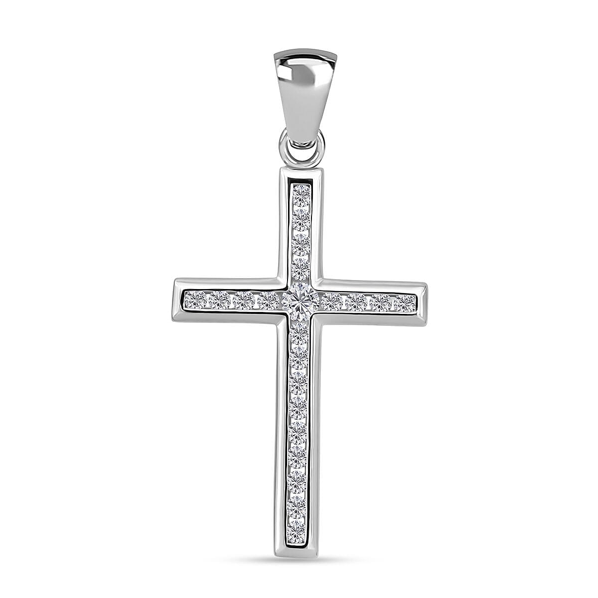 White Cubic Zirconia Cross Pendant in Rhodium Overlay Sterling Silver