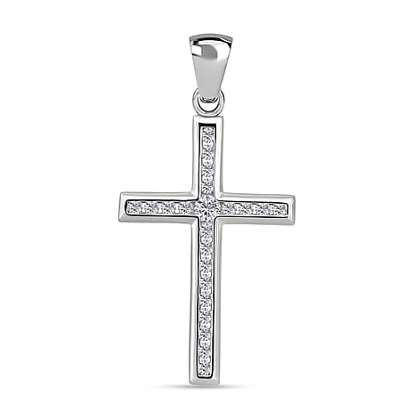 White Cubic Zirconia Cross Pendant in Rhodium Overlay Sterling Silver