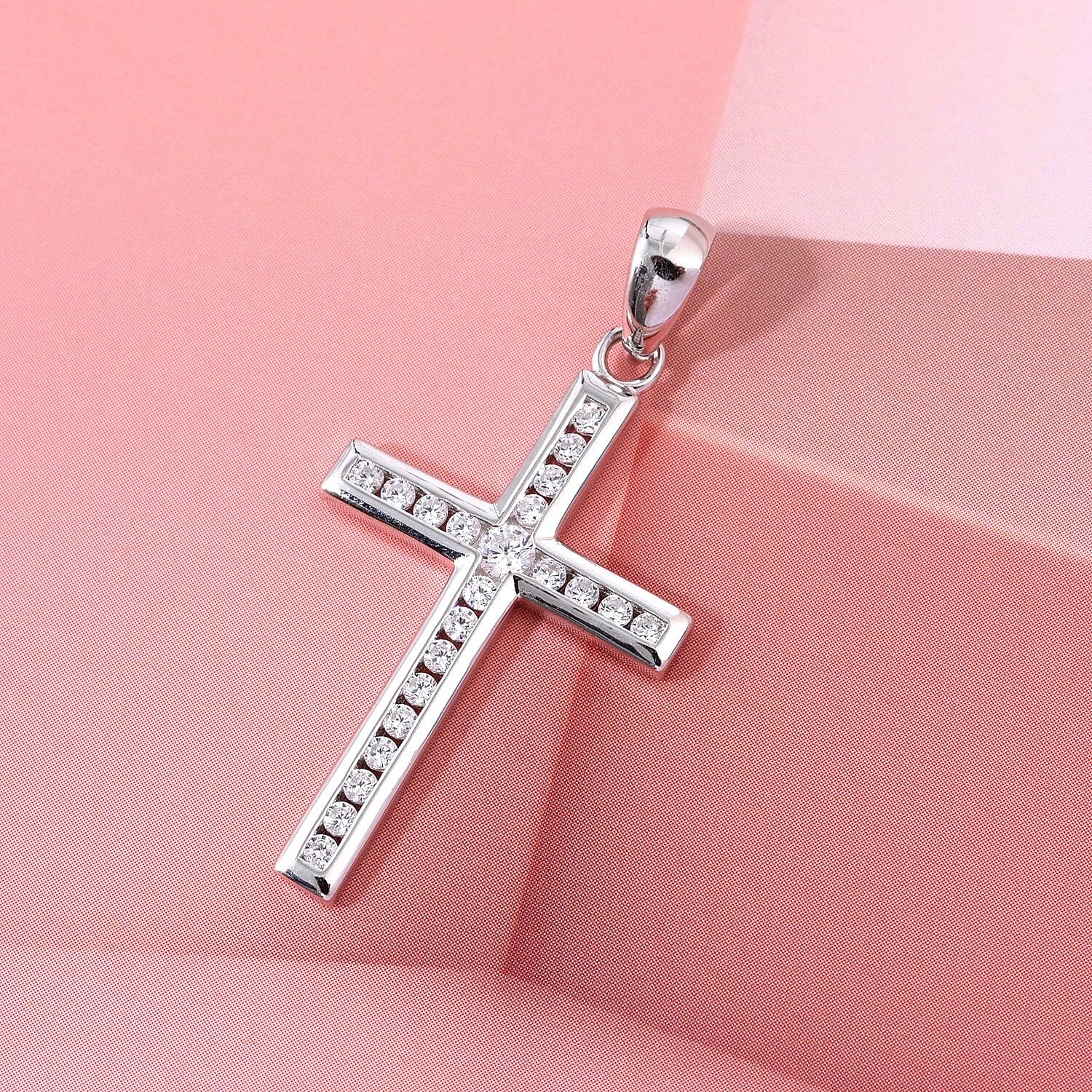 White Cubic Zirconia Cross Pendant in Rhodium Overlay Sterling Silver