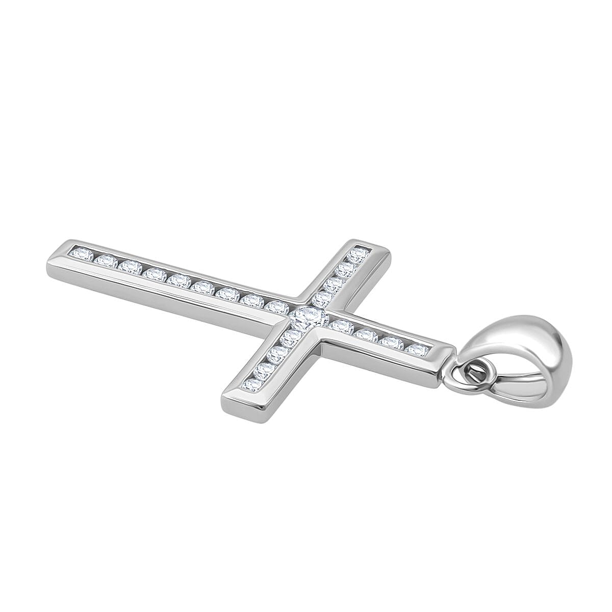 White Cubic Zirconia Cross Pendant in Rhodium Overlay Sterling Silver