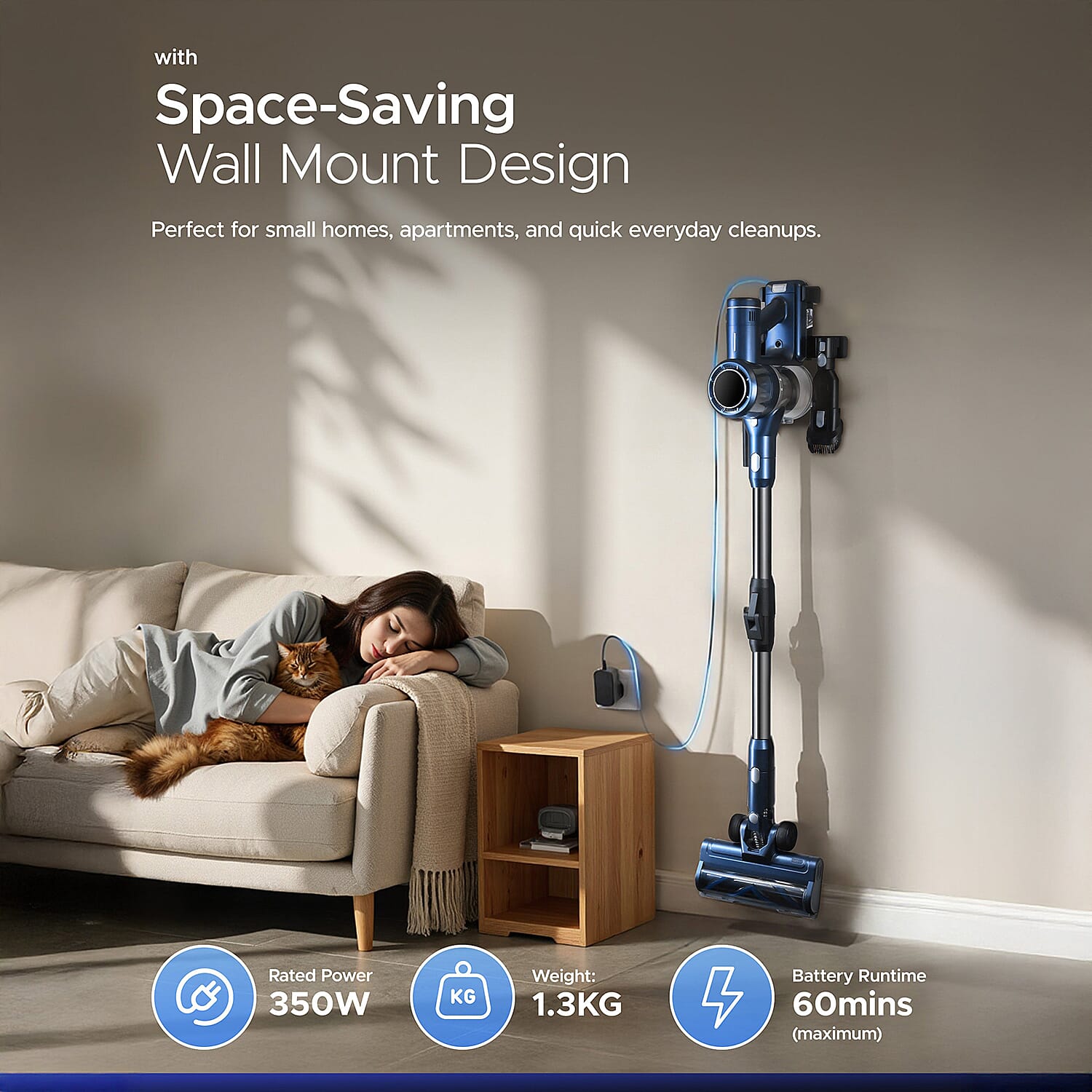 Keplin Lightweight Digital Vacuum with Bending Hose - 3 Speed, 55 Min Run Time, 350W Motor