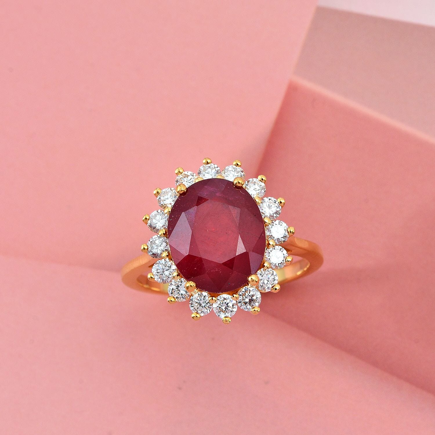 Luxuriant African Ruby (7.00Ct.) & Lab Grown Diamond SI-GH (1.00Ct.) Ring in 18K Vermeil Yellow Gold Sterling Silver Total 8.02 Ct.
