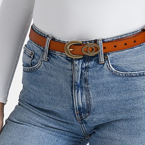Genunine Leather Belt with Statement Buckle (Size M, 107 cm) - Tan