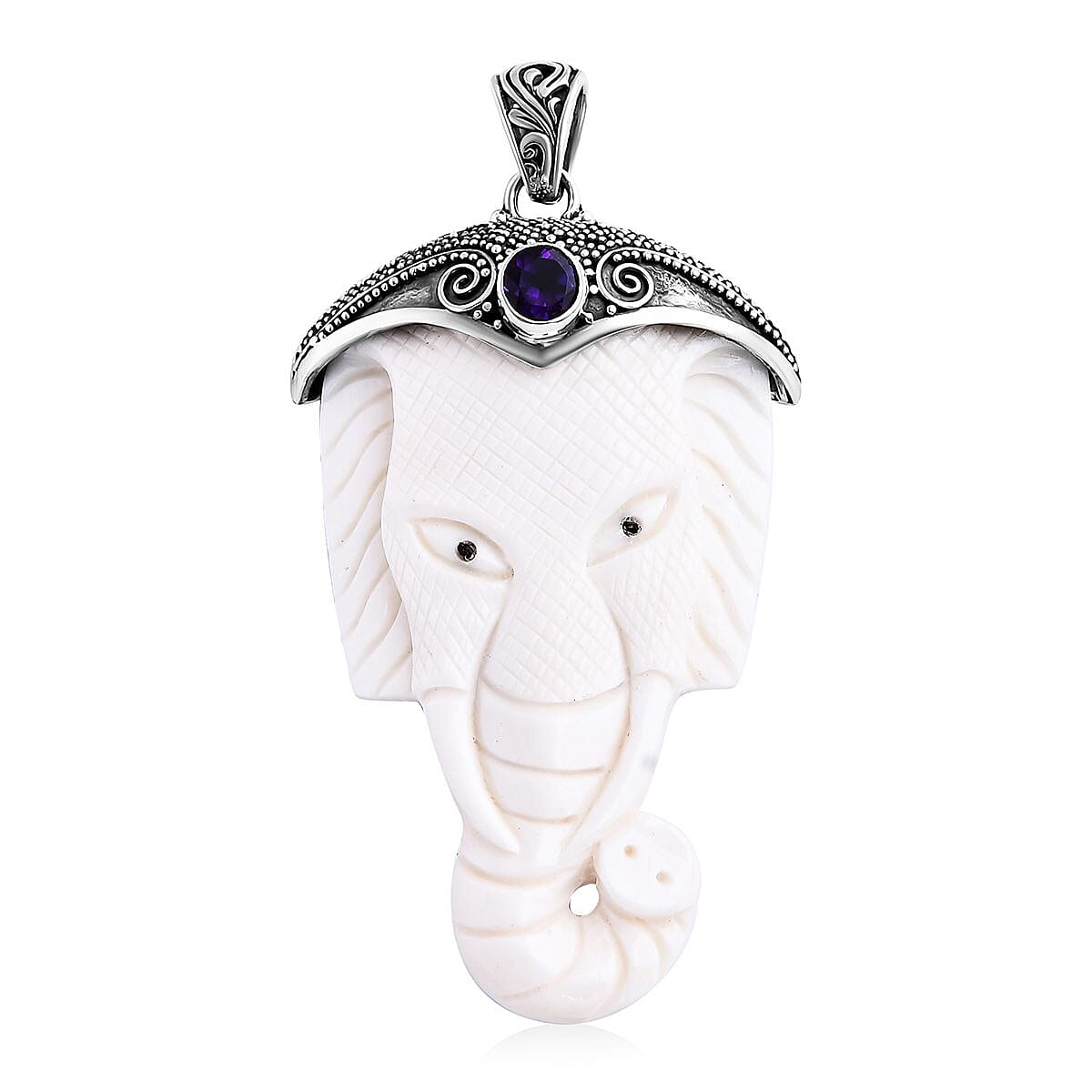 Royal Bali Collection Ox Bone & African Amethyst Pendant Sterling Silver 54.81 Ct