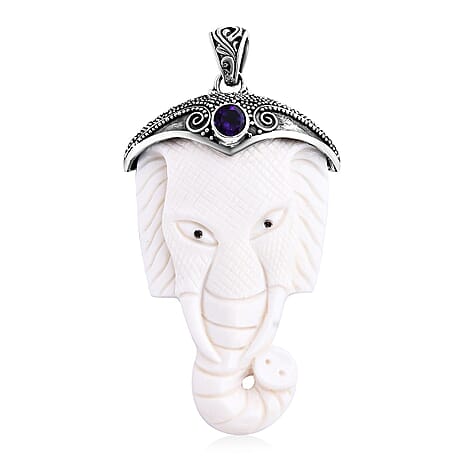 Royal Bali Collection Ox Bone & African Amethyst Pendant Sterling Silver 54.81 Ct