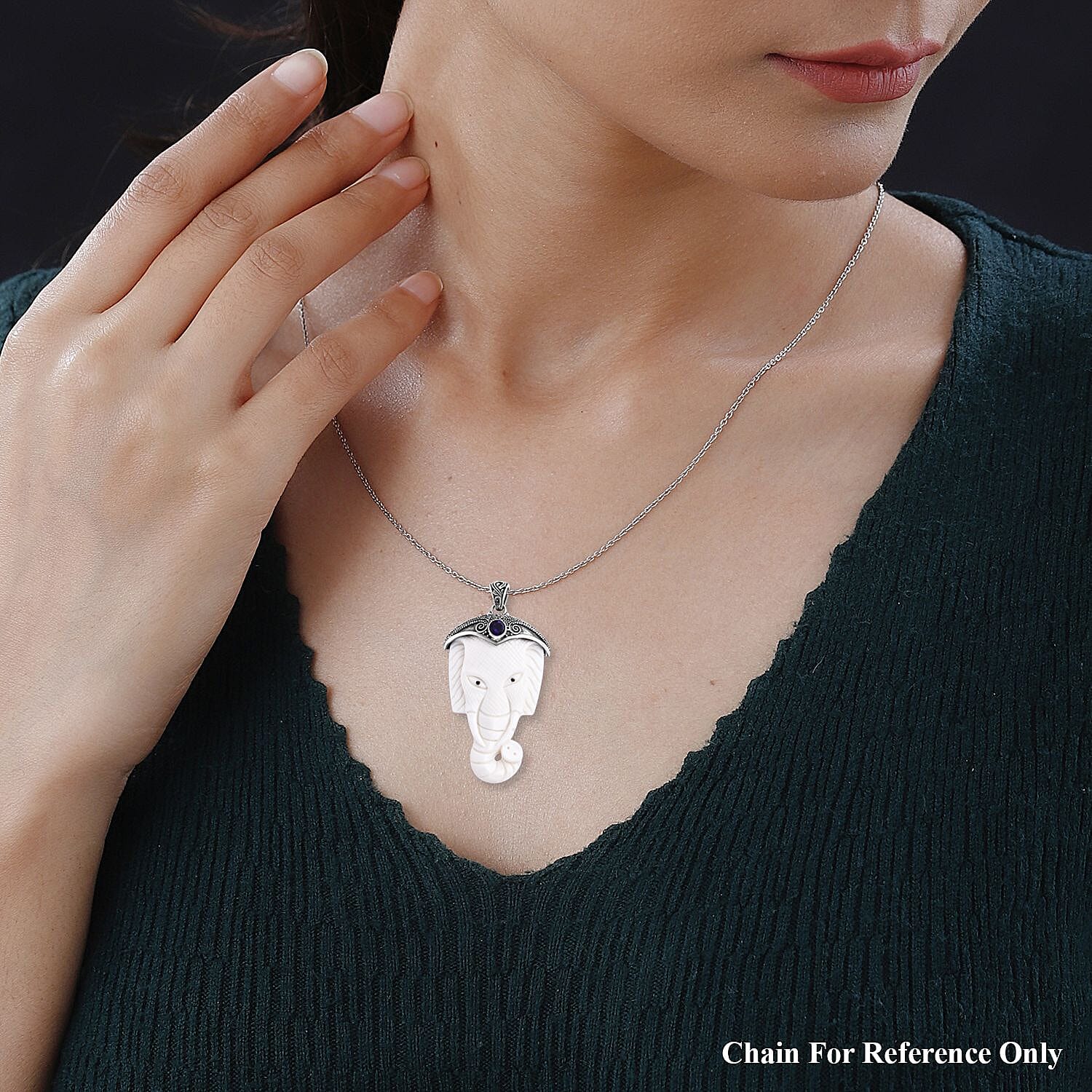 Royal Bali Collection Ox Bone & African Amethyst Pendant Sterling Silver 54.81 Ct