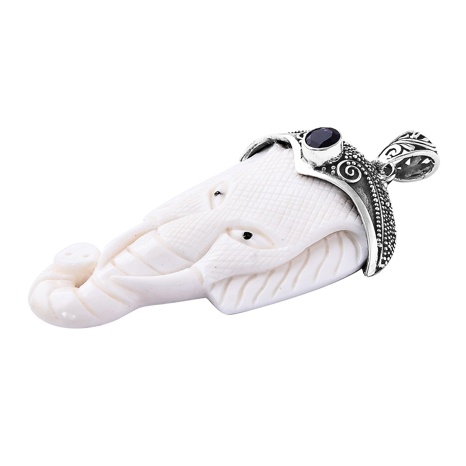 Royal Bali Collection Ox Bone & African Amethyst Pendant Sterling Silver 54.81 Ct