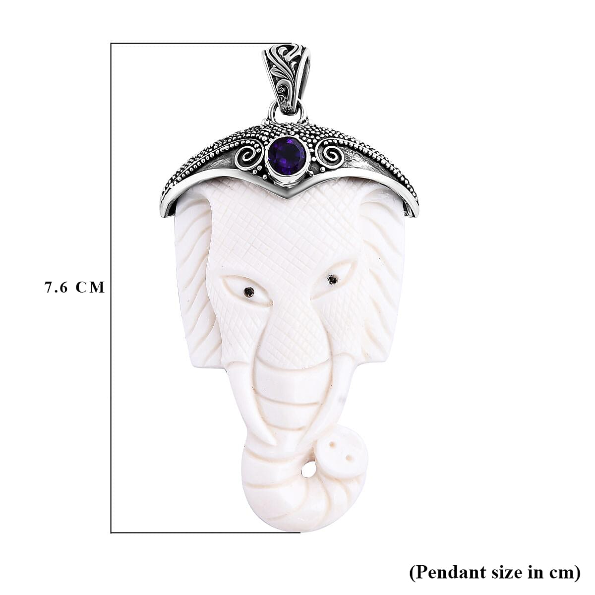 Royal Bali Collection Ox Bone & African Amethyst Pendant Sterling Silver 54.81 Ct