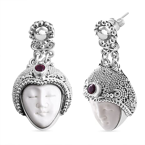 Royal Bali Collection Ox Bone & Fissure Filled Ruby Goddess Earring with Push Back in Sterling Silver 14.76 Ct, Silver Wt. 20.35 Gms.