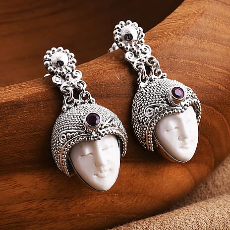 Royal Bali Collection - Ox Bone & Fissure Filled Ruby Goddess Earring with Push Back in Sterling Silver 14.76 Ct, Silver Wt. 20.35 Gms.