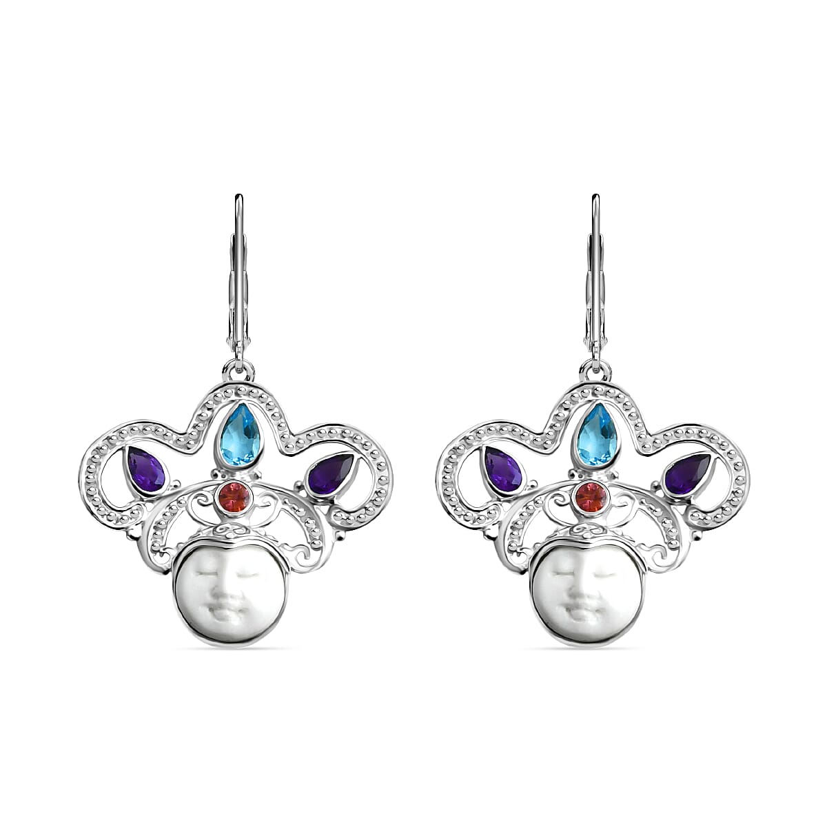 Royal Bali Collection Ox Bone, Swiss Blue Topaz, African Amethyst & Multi-Tourmaline Earring with Lever Clasp Sterling Silver 6.08 Ct, Silver Wt. 5.11 Gms.