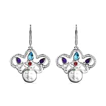 Royal Bali Collection Ox Bone, Swiss Blue Topaz, African Amethyst & Multi-Tourmaline Earring with Lever Clasp Sterling Silver 6.08 Ct, Silver Wt. 5.11 Gms.