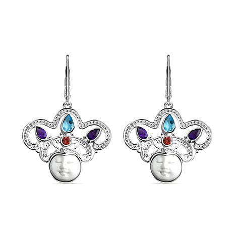 Royal Bali Collection Ox Bone, Swiss Blue Topaz, African Amethyst & Multi-Tourmaline Earring with Lever Clasp Sterling Silver 6.08 Ct, Silver Wt. 5.11 Gms.