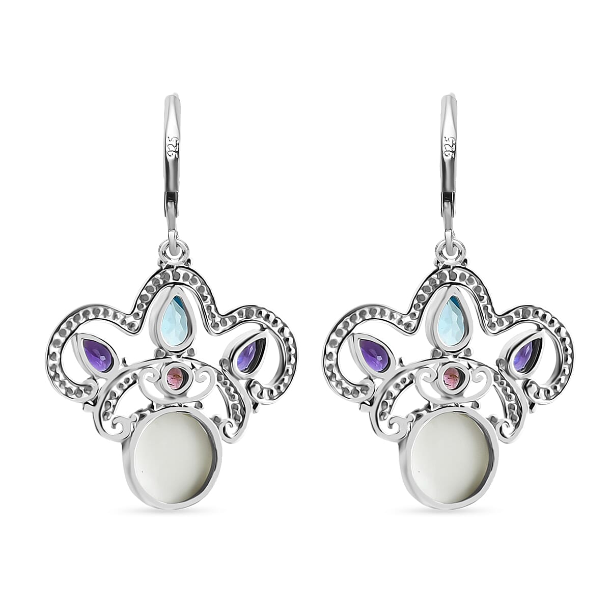 Royal Bali Collection Ox Bone, Swiss Blue Topaz, African Amethyst & Multi-Tourmaline Earring with Lever Clasp Sterling Silver 6.08 Ct, Silver Wt. 5.11 Gms.