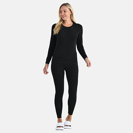 Valissiere Cashmere Blend Thermal Scoop Neck Top - Leggings Set with Infused Mulberry Silk (Size - M) - Black