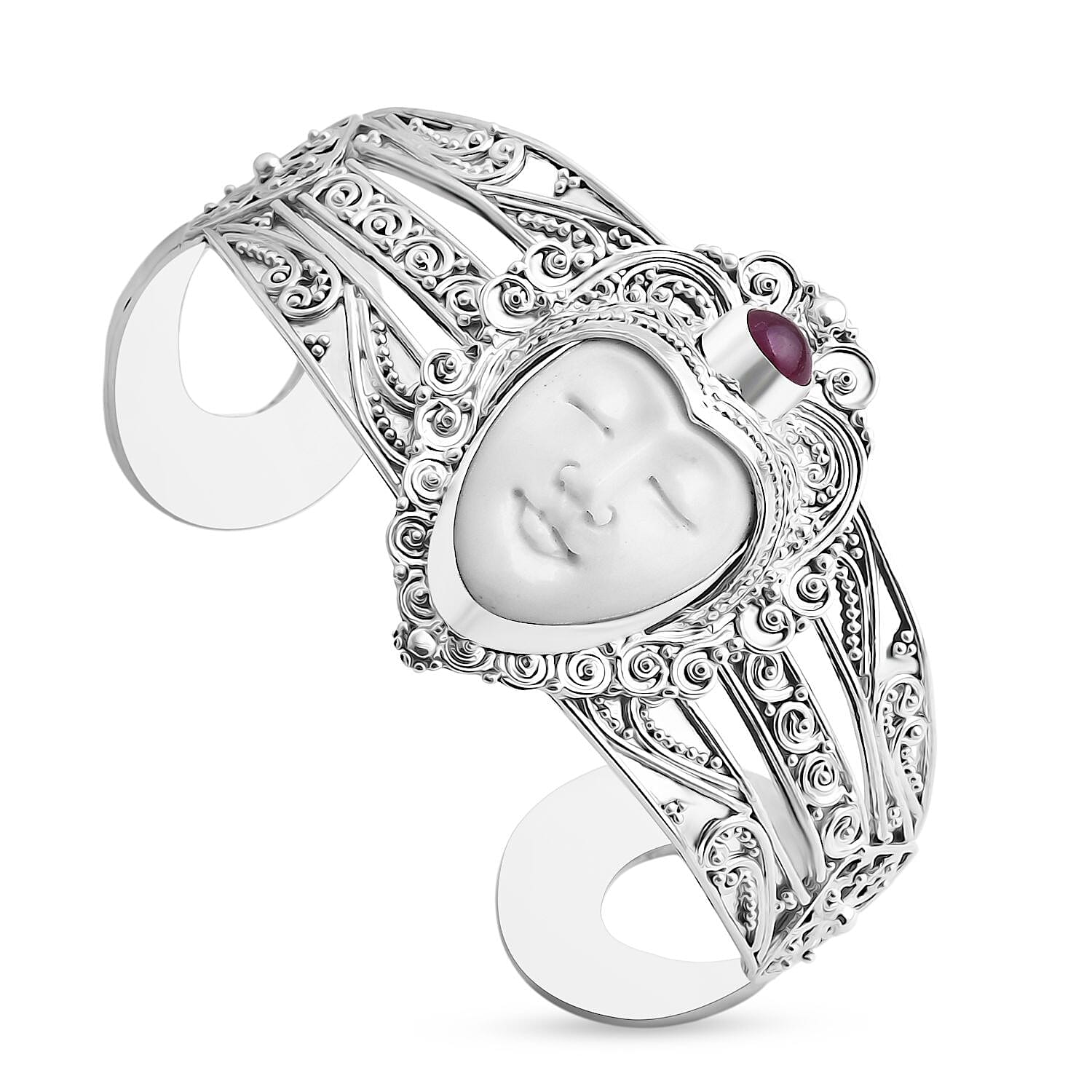 Ox Bone & Ruby Cuff Bangle in Sterling Silver 2.21 Ct, Silver Wt. 41.65 Gms.