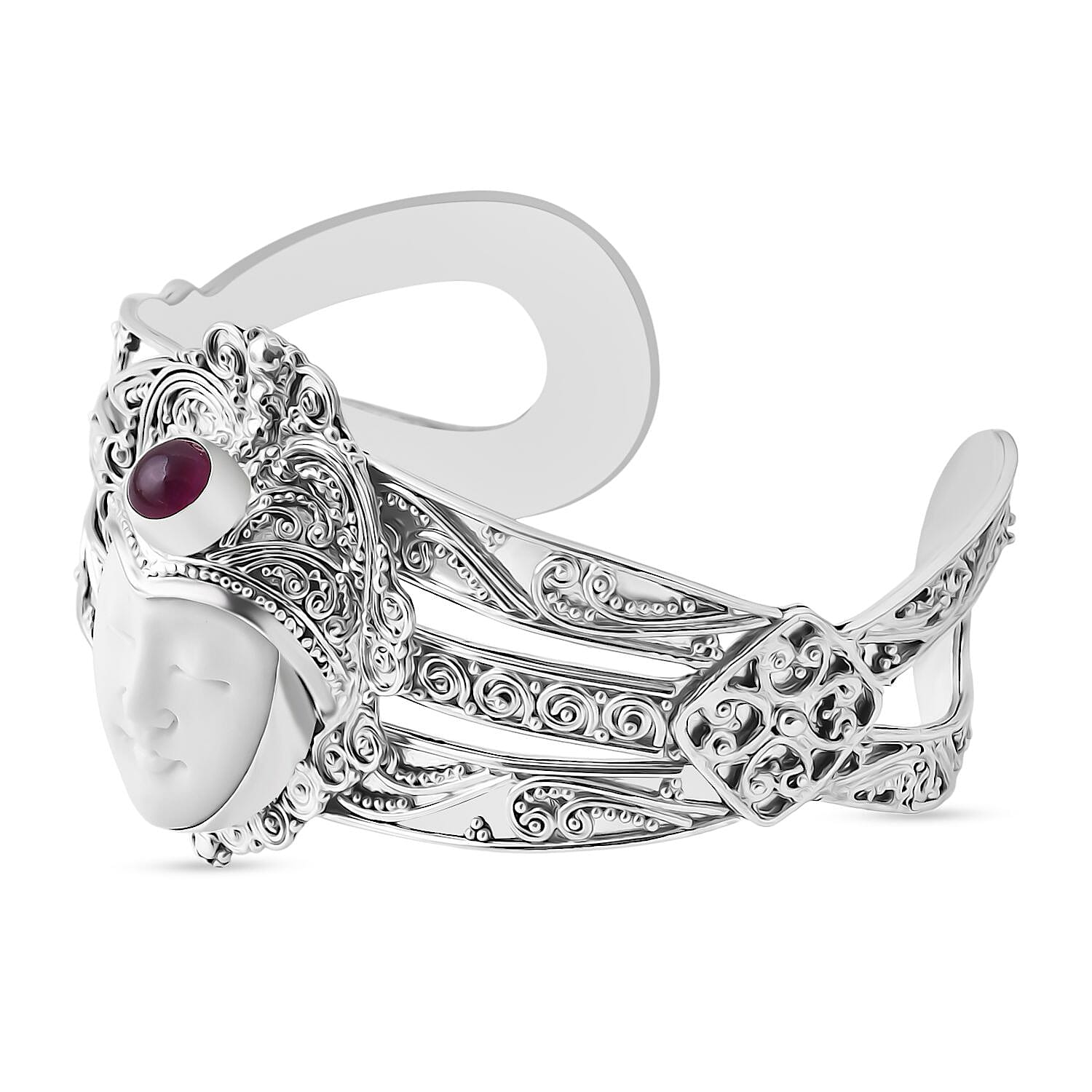 Ox Bone & Ruby Cuff Bangle in Sterling Silver 2.21 Ct, Silver Wt. 41.65 Gms.
