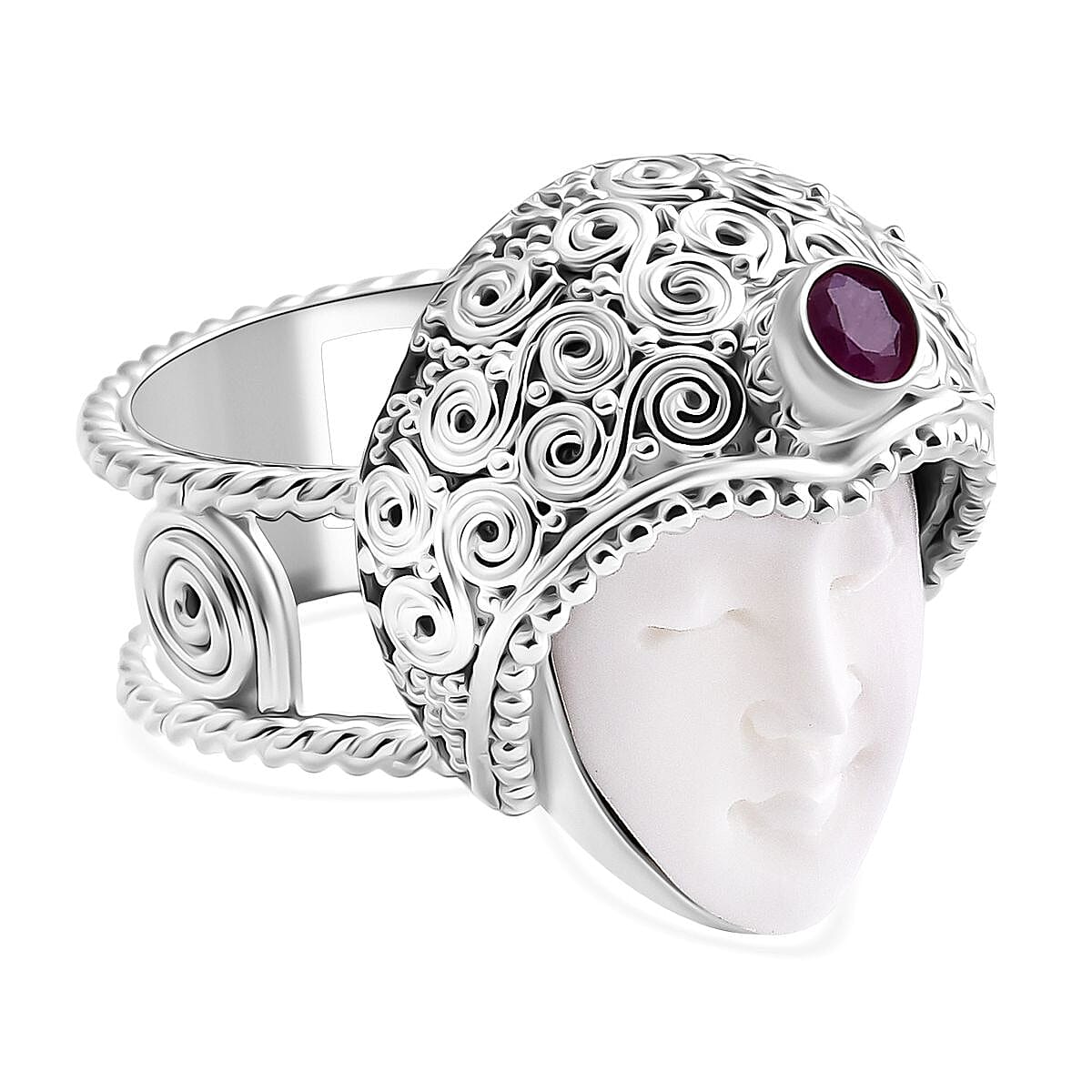 D'joy Ox Bone & Fissure Filled Ruby Goddess Ring Sterling Silver 6.57 Ct, Silver Wt. 10.90 Gms.