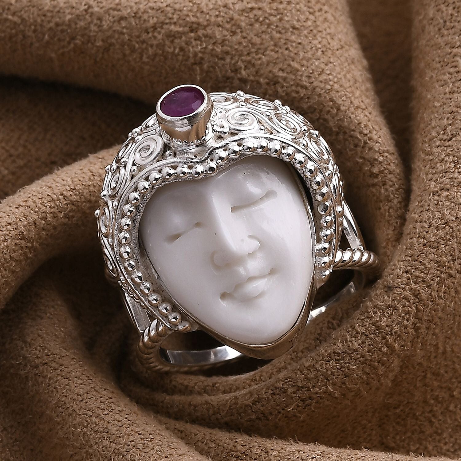 D'joy Ox Bone & Fissure Filled Ruby Goddess Ring Sterling Silver 6.57 Ct, Silver Wt. 10.90 Gms.